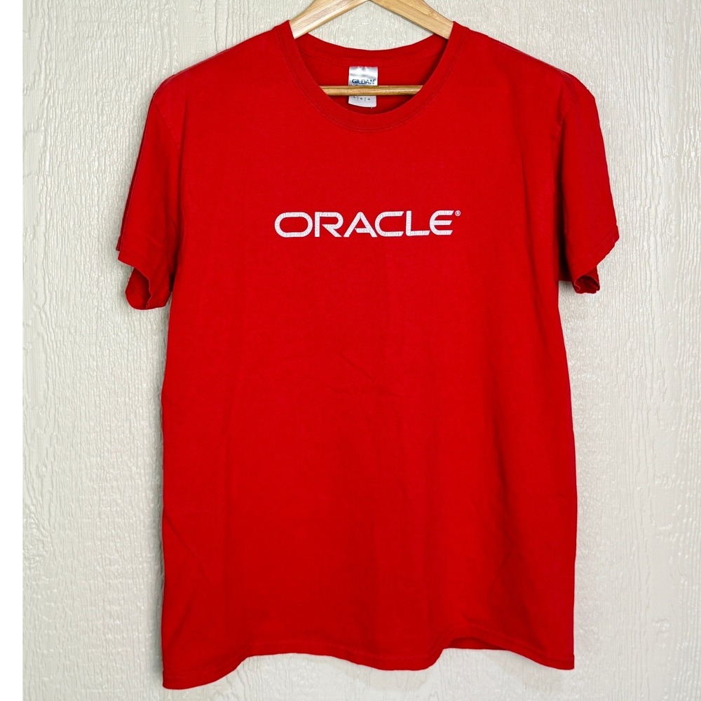 Gildan Oracle Volunteers Tech Logo Red Cotton T-Shirt Mens Large Short Sleeve